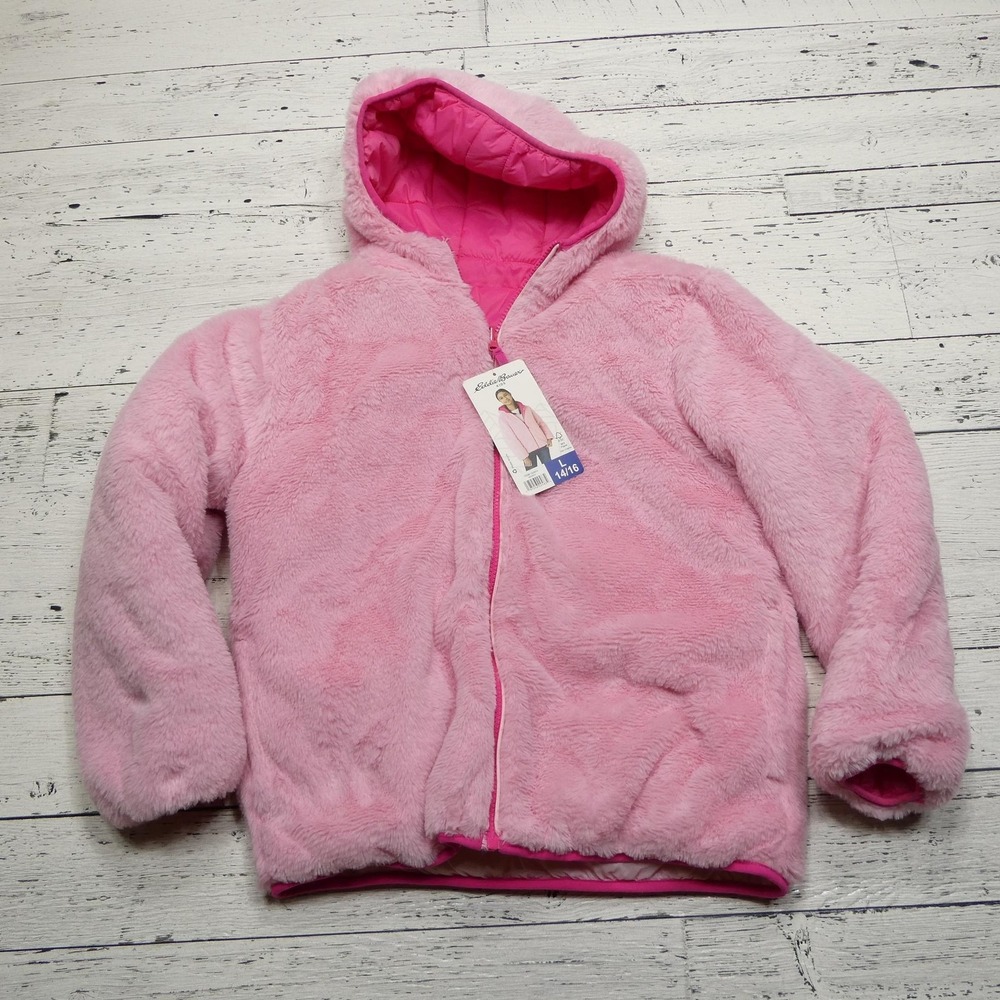 Eddie Bauer Kids Reversible Jacket Girls Large 14/16 Pink Hooded Puffer Fleece - Picture 4 of 9